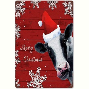 Lomsoe Merry Christmas Cow Santa Hat Christmas Decorations Rustic Aluminum Wall Art Christmas Metal Tin Sign Christmas Gift 8x12in - 1 of 1