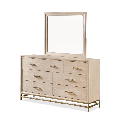 Light Oak Mid-century Dresser with Mirror and Brass Accents