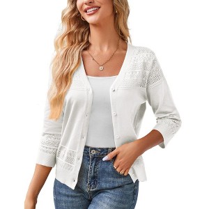 Women's 3/4 Sleeve Sweater Shrugs Crochet Cropped Sweater Cardigan Button Down Ribbed Cuff Lightweight Sweater with Birdeye Knit Detail - 1 of 4