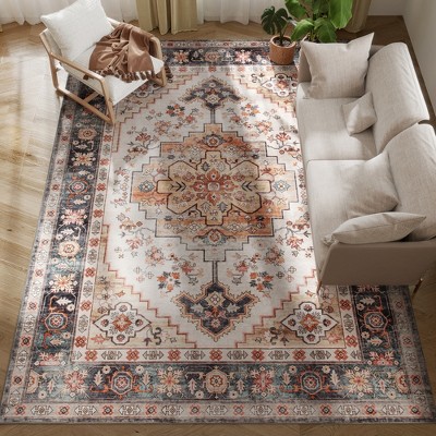 HOMCOM Area Rug 8x10, Non-Slip Machine Washable Rug, Boho Print Pattern Medallion Carpet for Living Room, Bedroom, Dining Room, Tawny Brown