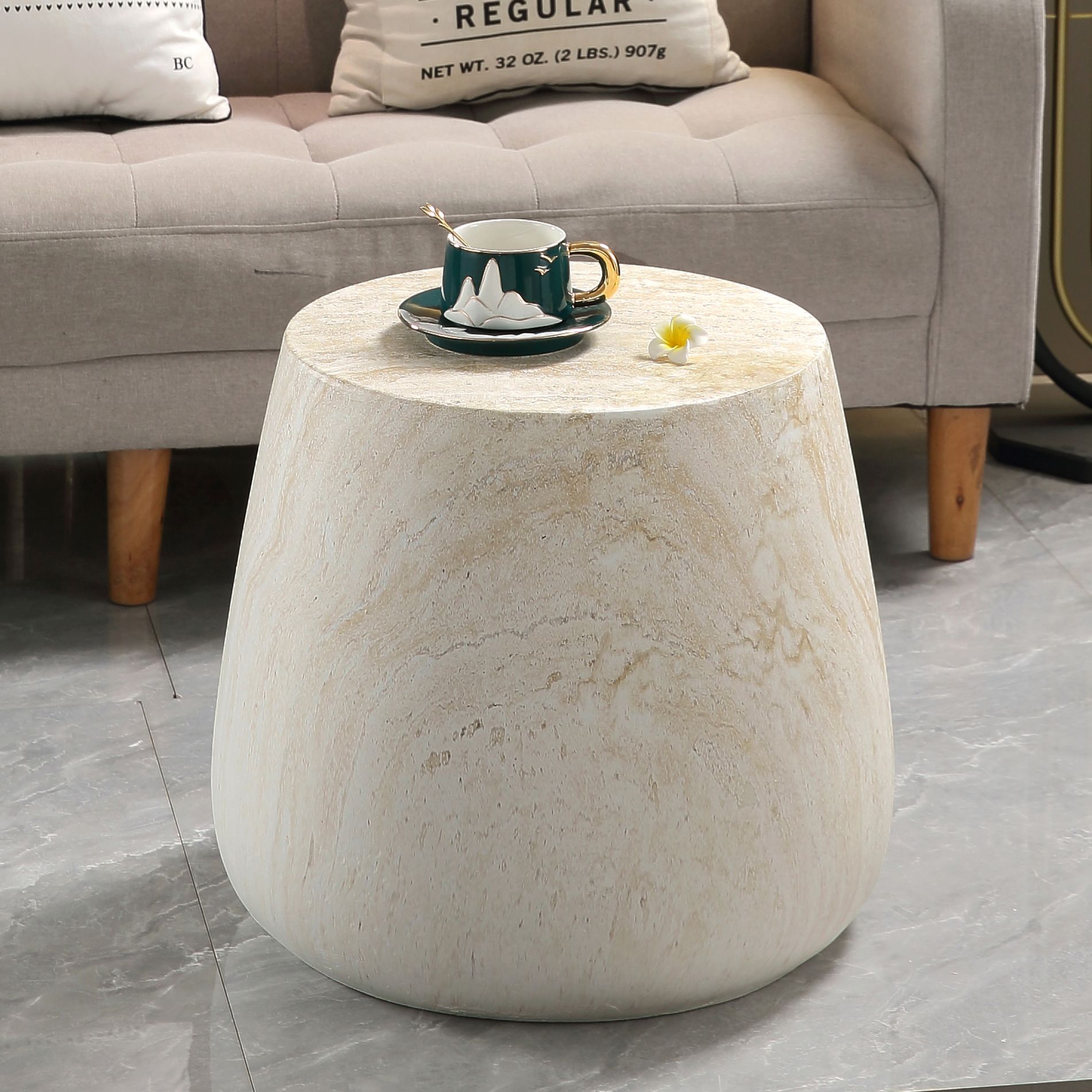 GDFStudio Adewale Modern Lightweight Concrete Outdoor Tapered Side Table with Travertine Finish, Light Beige