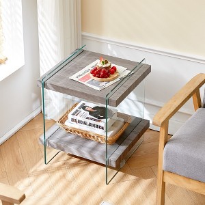 VYNXARIA 17.72inch Sleek and Sturdy Tempered Glass Leg Side Table with Dual MDF Shelves, Modern nightstand end table for living roon, bedroom,Gray - 1 of 4