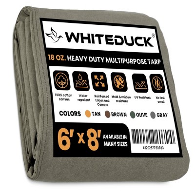 WHITEDUCK Tarp 8 x 12 ft Canvas Outdoor Heavy Duty Water-Resistant Tarpaulin Cover, 18 oz Loomstate Cotton with Stainless Steel Grommets, Olive