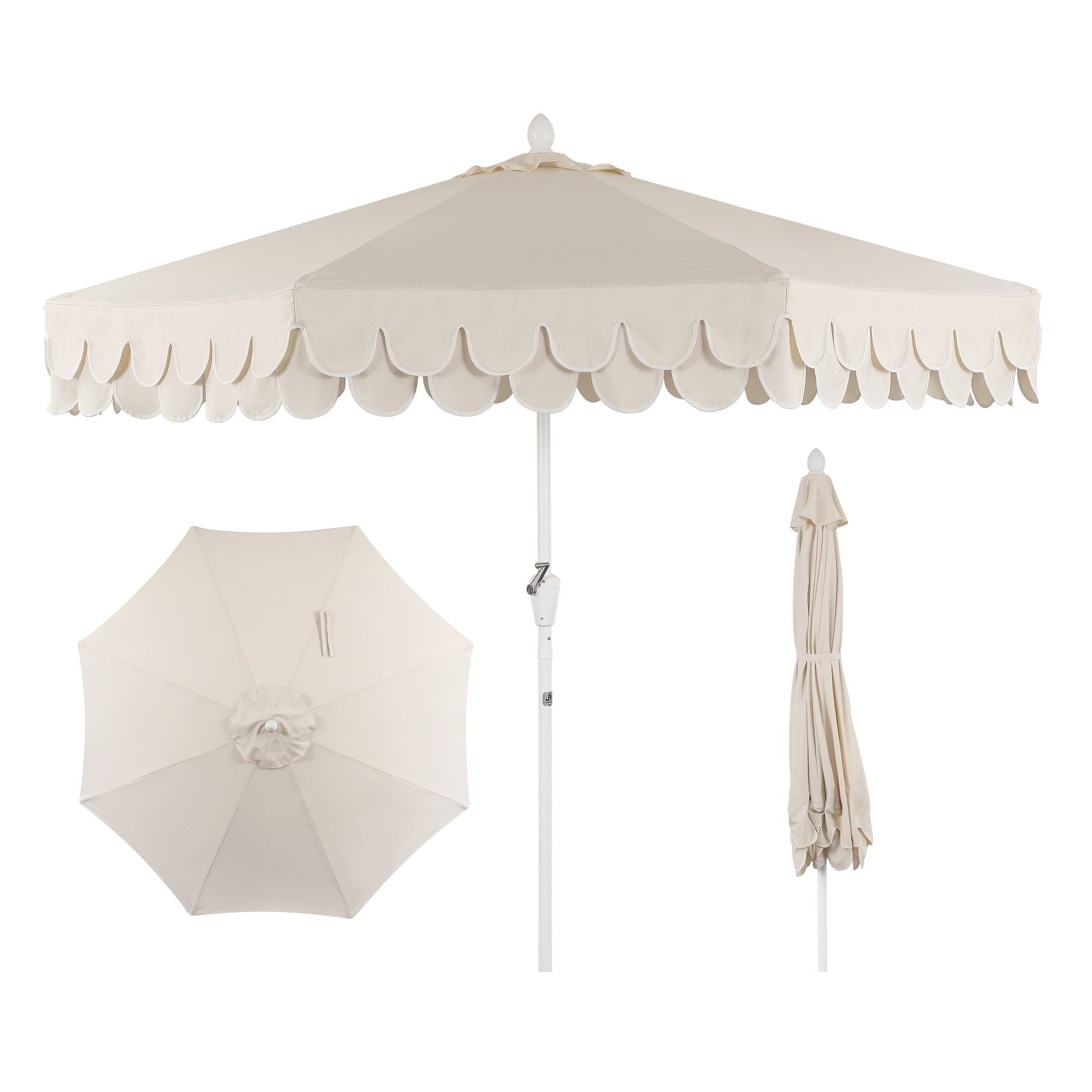 JONATHAN Y Tracy 9 ft. Classic MidCentury Scalloped Fringe Market Patio Umbrella with Auto-Tilt, Crank, Wind Vent and UV Protection in Cream/White