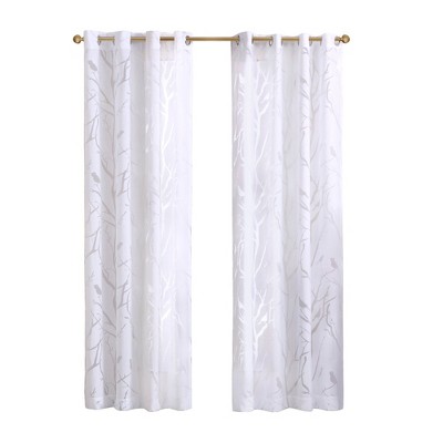 White Sheer Bird Pattern Grommet Top Window Curtain