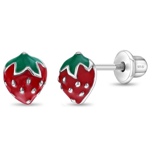 Sterling Silver Glitter Enamel Heart Baby Children Screw Back Earrings, Red