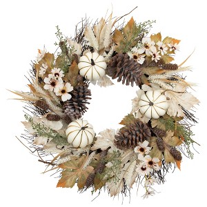 Northlight Pumpkin, Wheat and Pinecone Artificial Floral Fall Harvest Wreath - 24" - 1 of 4