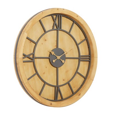 Oversized Brown Mediterranean Wood Wall Clock with Gold Hands