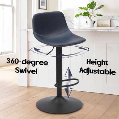 Blue adjustable bar stool in kitchen setting with 360-degree swivel and height adjust