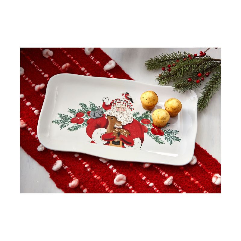tagltd Holiday Christmas Red Woodland Santa with Deer & Bird Dolomite Wave Edged Rectangle Serving Platter, 17.0L x 10.0W in., 2 of 3