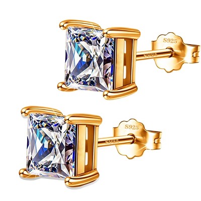 Paaaawaters 925 Sterling Silver Stud Earrings 4 Prong Princess Cut Square Cubic Zirconia Ear Stud Women 4mm-7mm