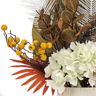 31" Tall White Ceramic Vase with Mixed Fern and Hydrangea Arrangement