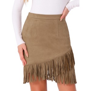 Allegra K Women's Faux Suede Stretch Fringe Trim High Waist Vintage Mini Skirt - 1 of 4