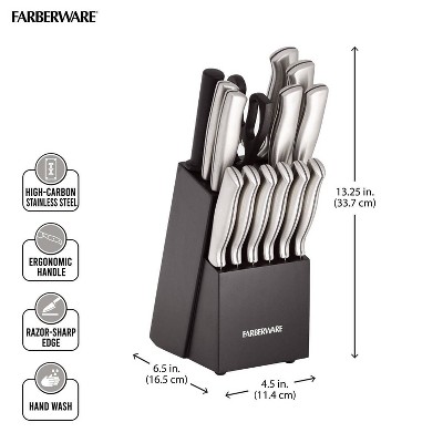 Farberware 15-Piece Stainless Steel Knife Block Set with Black Wood Block