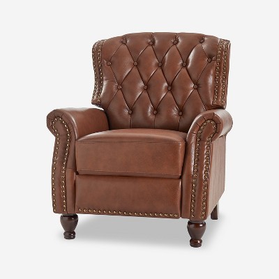 Justine Transitiona Wooden Upholstery Genuine Leather Recliner with Nailhead Trim for Living Room and Bedroom  | ARTFUL LIVING DESIGN
