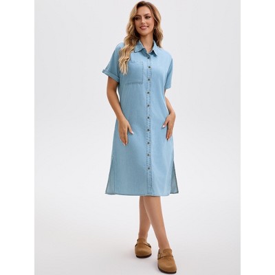 Женские платья INSPIRE CHIC Women's Midi Denim Summer Short Sleeve Button Down Casual Long Tunic Jean Shirt Dress 2 Packs Light Blue/White X-Large — фото 3