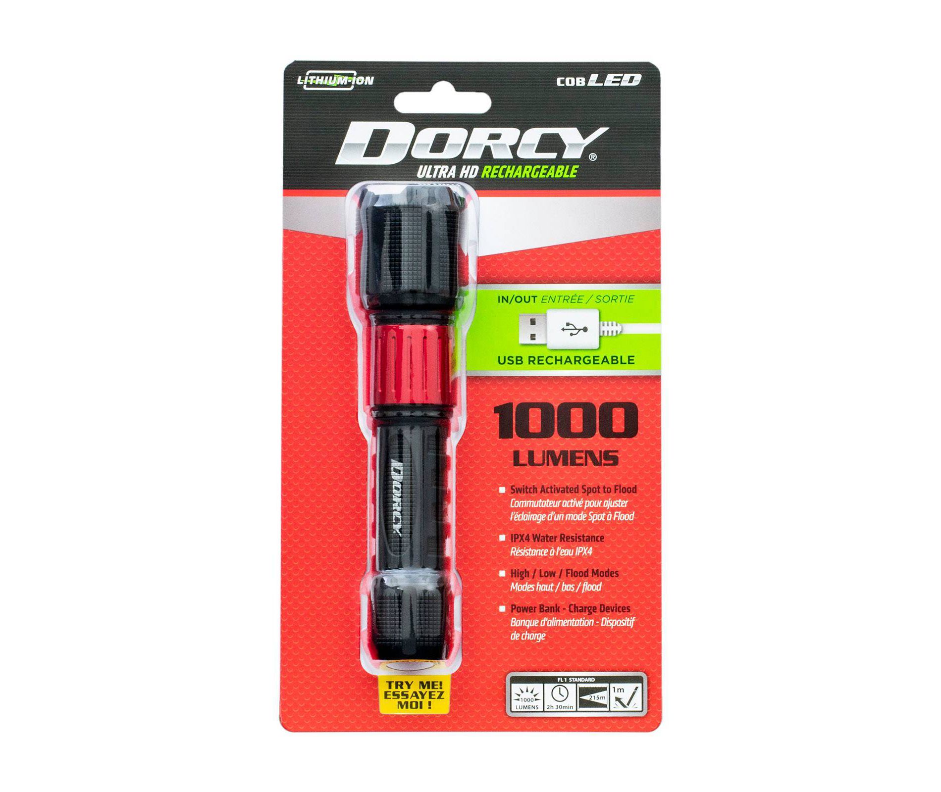 Dorcy 1000 Lumens USB Rechargeable LED Flashlight Power Bank: Water-Resistant, Impact-Resistant, Lithium Ion Battery