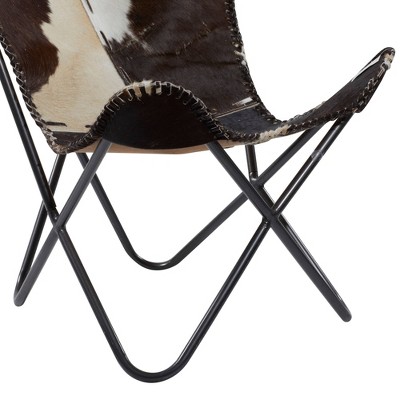 Handcrafted White Leather Butterfly Accent Chair with Metal Frame