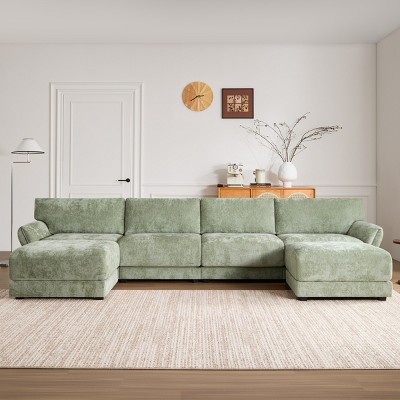 142" U-Shaped Comfy Modular Sectional Sofa Set,Wooden Frame Petal Armrest Chenille Fabric Sofas Set,6 Seater Modular Lounge Couch-Baofuwish