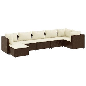 vidaXL 7 Piece Patio Lounge Set with Cushions - Brown Poly Rattan Configuration for Garden, Terrace, or Patio - 1 of 4