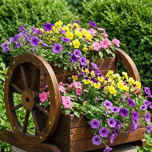 Wooden Wagon Planter Box with Wheels, Decorative Flower Cart