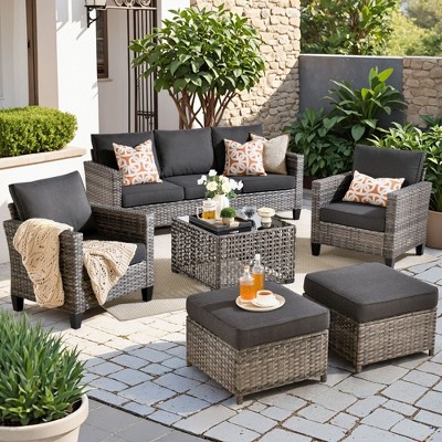 XIZZI Outdoor Sectional Sofa Set, Modular Outdoor Gray Wicker Sofa Set with Optional Solar Table, Ottomans or Fire Pit in 6 Colors, All-Weather Design