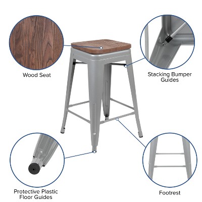 Modern 24" Silver Metal and Wood Stackable Bar Stools - Set of 4