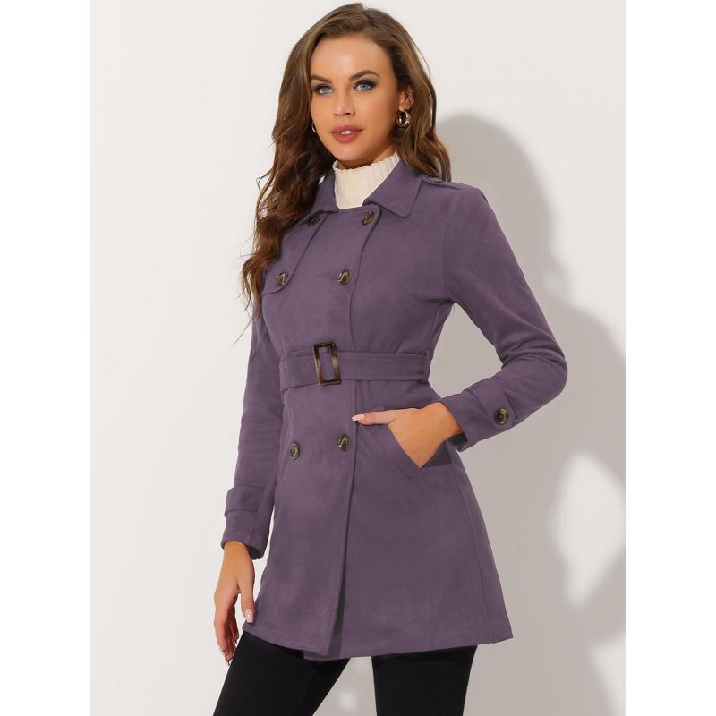 Allegra K Women's Notched Lapel Double Breasted Faux Suede Trench Coat with Belt, 4 of 7