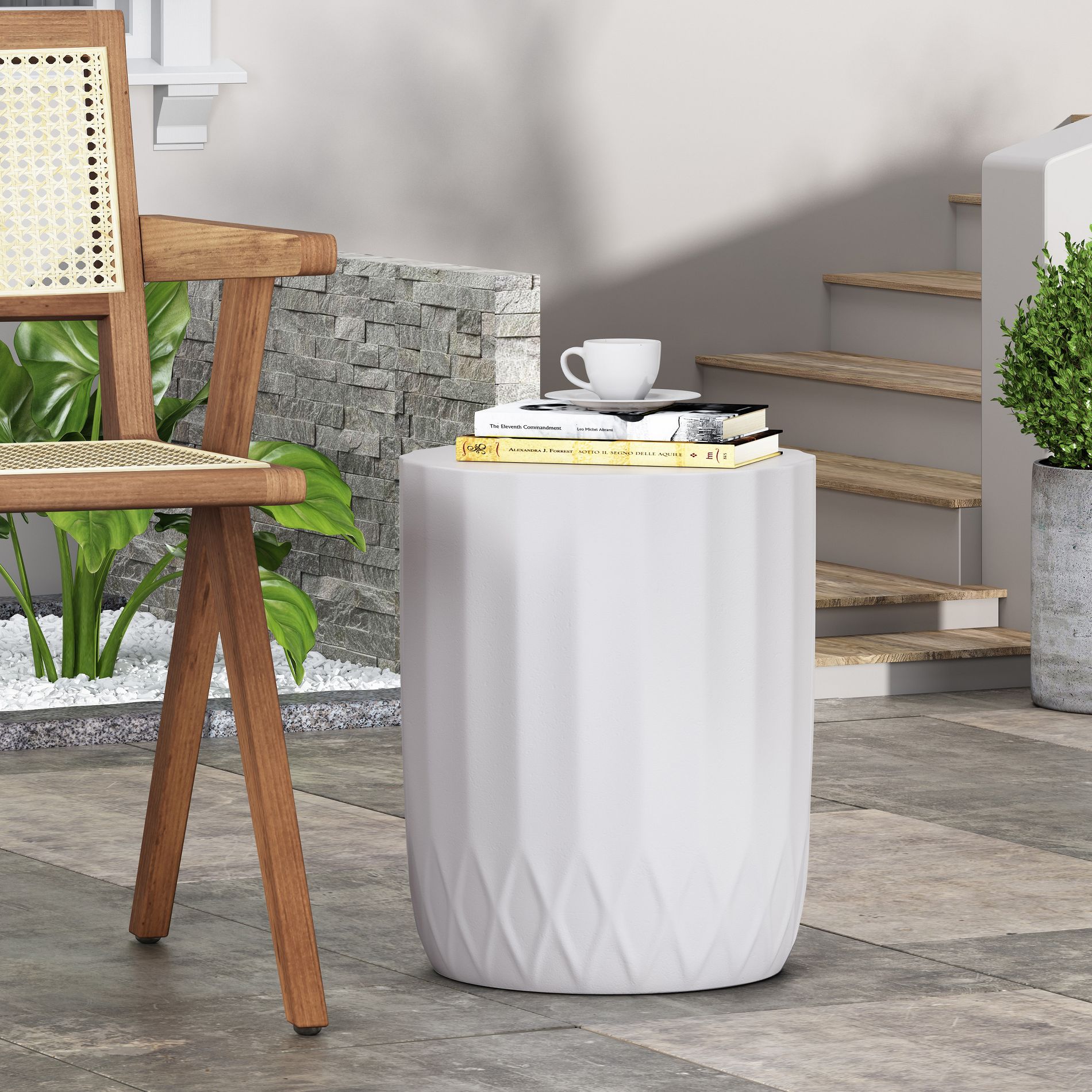 Christopher Knight Home Gillian Outdoor Cylinder Shape Lightweight Concrete Side Table, Antique White, Round Drum