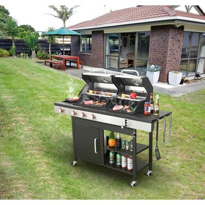 Dolonm 3+1 Hybrid Grill: Gas & Charcoal Combo w/Side Burner, 37,230BTU, Enamel Cast Iron Grids & Lockable Casters (Black)