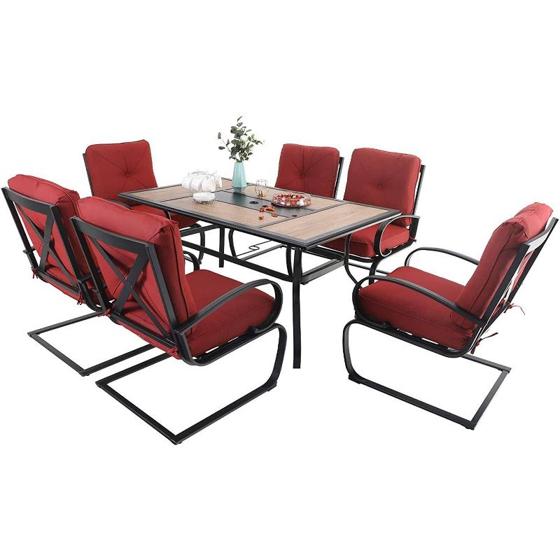 7pc Patio Dining Set with Rectangular Table with Umbrella Hole &#38; Spring Motion Chairs - Burgundy - Captiva Designs, 3 of 12