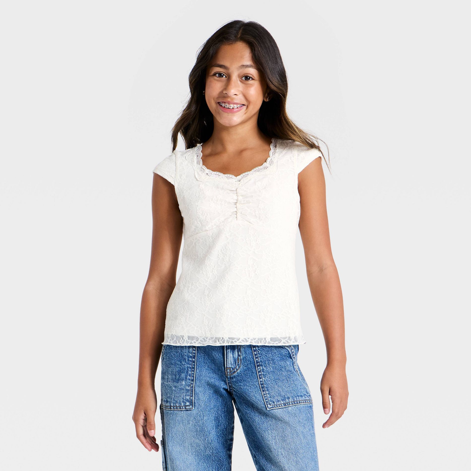 Girls' Lace Cap Sleeve Top - art class™