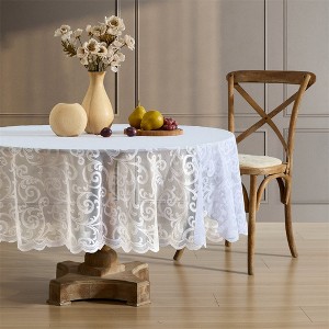 HLC.ME Scroll Lace Fabric Table Cloth for Round Tables, Wrinkle Resistant, Patterned Scalloped Tablecloth - 1 of 4