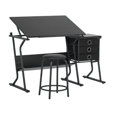 2pc Eclipse Ultra Center/Drawing Table with Angle Adjustable Top, Storage Shelf, and Drawers with Padded Stool Set - Studio Designs Home