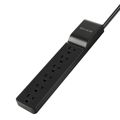 Belkin® 600-Joules Surge Protector, 6 Outlets, 6-Ft. Cord with 360° Rotating Flat Plug, BSE600-06BLK-WM in Black
