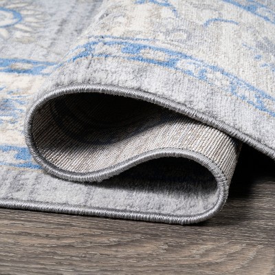 Light Gray and Blue Floral Synthetic Runner Rug