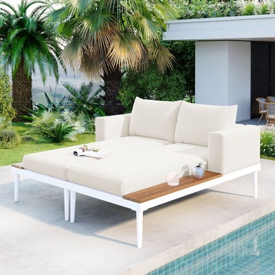 Chic Crate - Beige 2 in 1 Padded Chaise Lounges for Deck Balcony - Modern Outdoor Daybed with Wood Topped Side Spaces