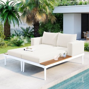 Chic Crate - Beige 2 in 1 Padded Chaise Lounges for Deck Balcony - Modern Outdoor Daybed with Wood Topped Side Spaces - 1 of 4