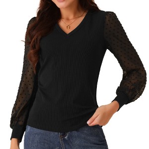 Seta T Women's Dressy Casual V Neck Top Swiss Dot Long Sleeve Shirts - 1 of 4