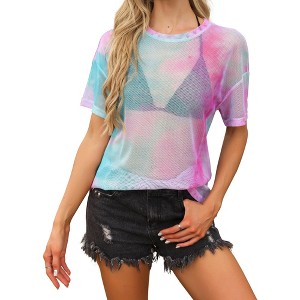 INSPIRE CHIC Women's Summer Causal Short Sleeve Crew Neck See Through Mesh Tops - 1 of 4