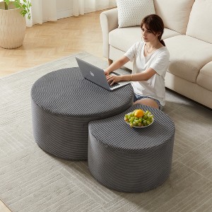 Set of 2 Nesting Coffee Table Upholstered Ottoman Stool Cocktail Table Sofa Side Table Center Table, Beige/Grey/Black-ModernLuxe - 1 of 4