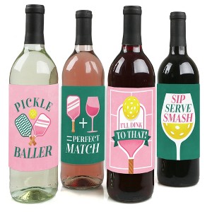 Big Dot of Happiness Pink Pickleball - Country Club Party Decorations for Women and Men - Wine Bottle Label Stickers - Set of 4 - 1 of 4