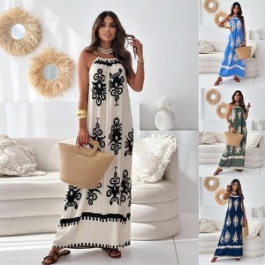 Coolmee Women Boho Flower Print Sun dress Spaghetti Strap Flowy Beach Vacation Maxi Dress - 1 of 4