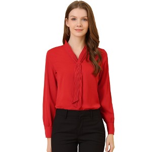 INSPIRE CHIC Women's Long Sleeve Pleated Tie Neck Office Blouses - 1 of 4
