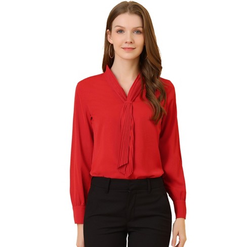 Allegra K Women's Long Sleeve Pleated Tie Neck Office Blouses Red Small ...