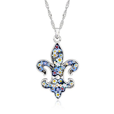 Ross-Simons Italian Multicolored Murano Glass Mosaic Fleur-De-Lis Pendant Necklace in Sterling Silver Size