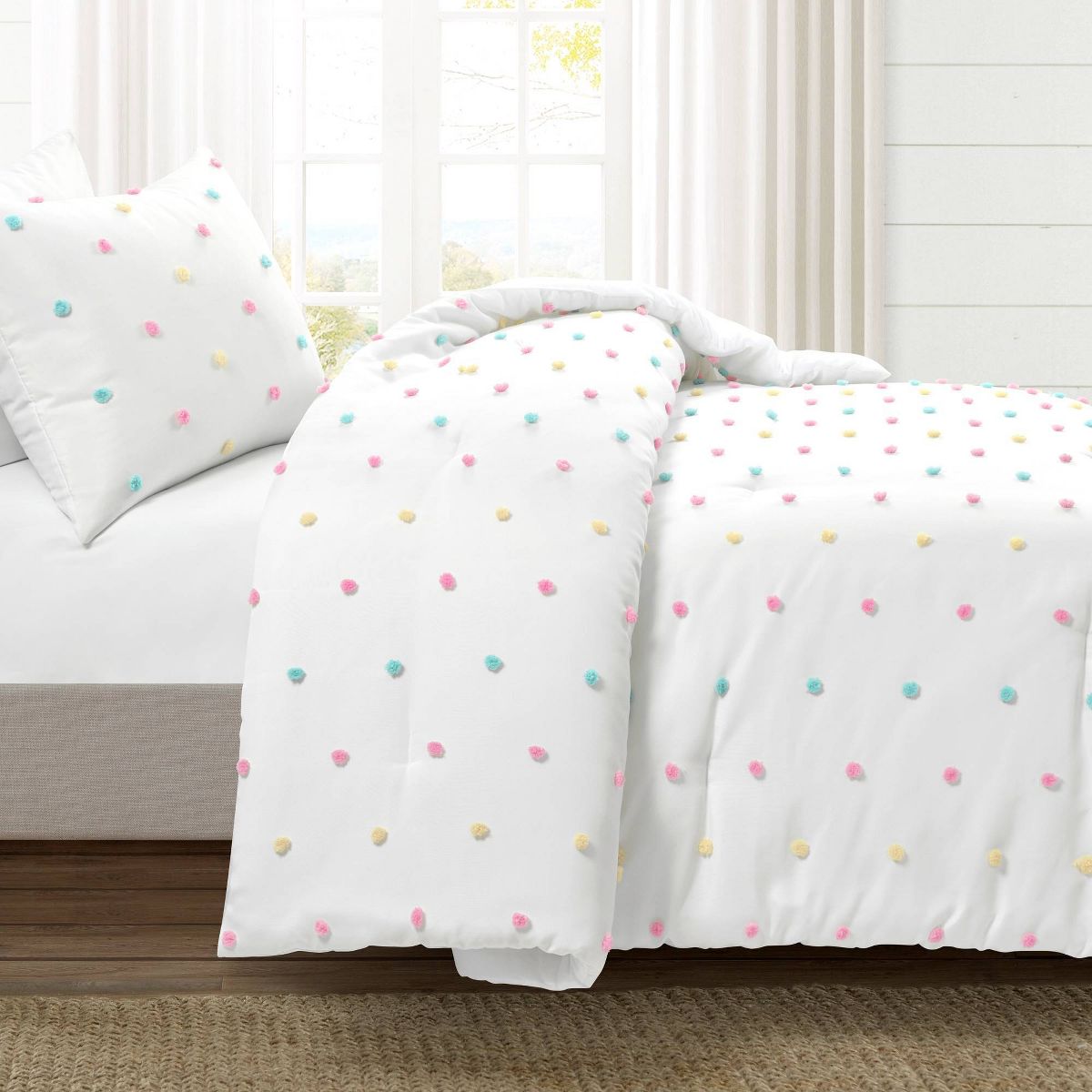 2pc Twin/Twin XL Rainbow Tufted Dot Oversized Kids' Comforter Set - Lush Décor: Teen Bedding, Microfiber, Polka Dots - thumbnail 2