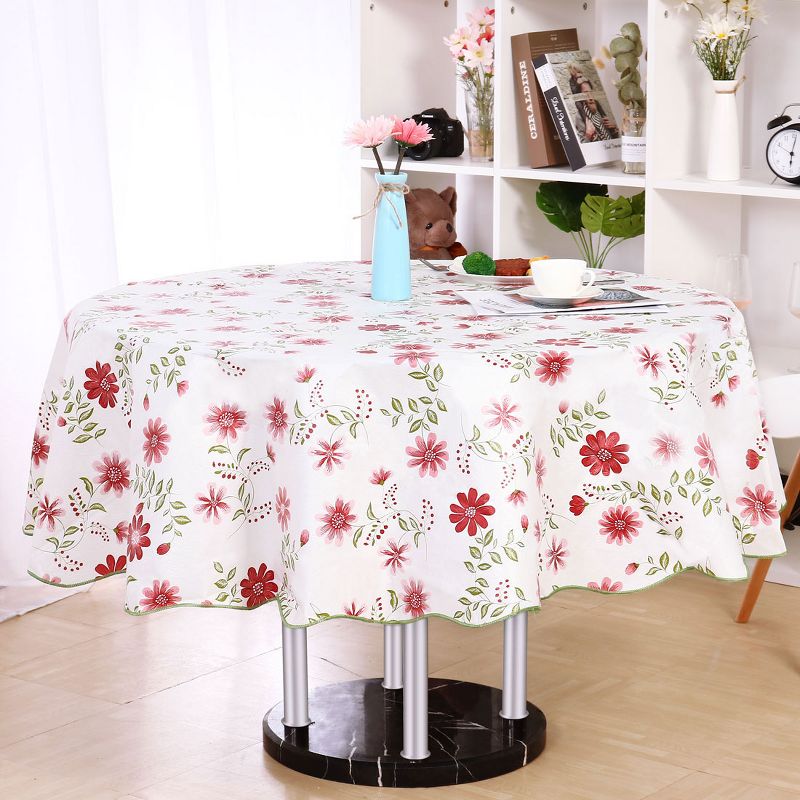 70" Dia Round Vinyl Water Oil Resistant Printed Tablecloths Red Nine-petals Flower - PiccoCasa, 2 of 5