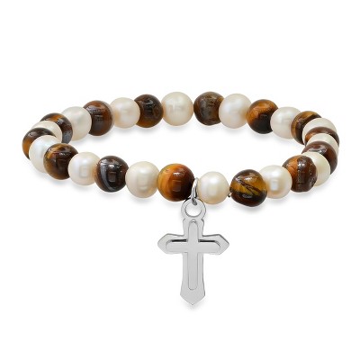 Steeltime Men's tiger eye, freshwater pearls and stainless steel double cross charm beaded bracelet. Color Options: Silver, Gold