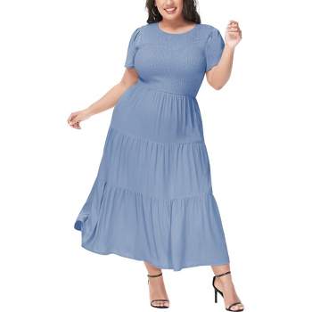 Anna-Kaci Women's Plus Size Casual Round Neck Flutter Short Sleeve Elastic Waist Smocked Maxi Dress